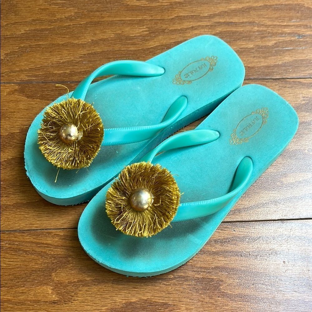 Teal Flip Flops with Gold Pom Pom